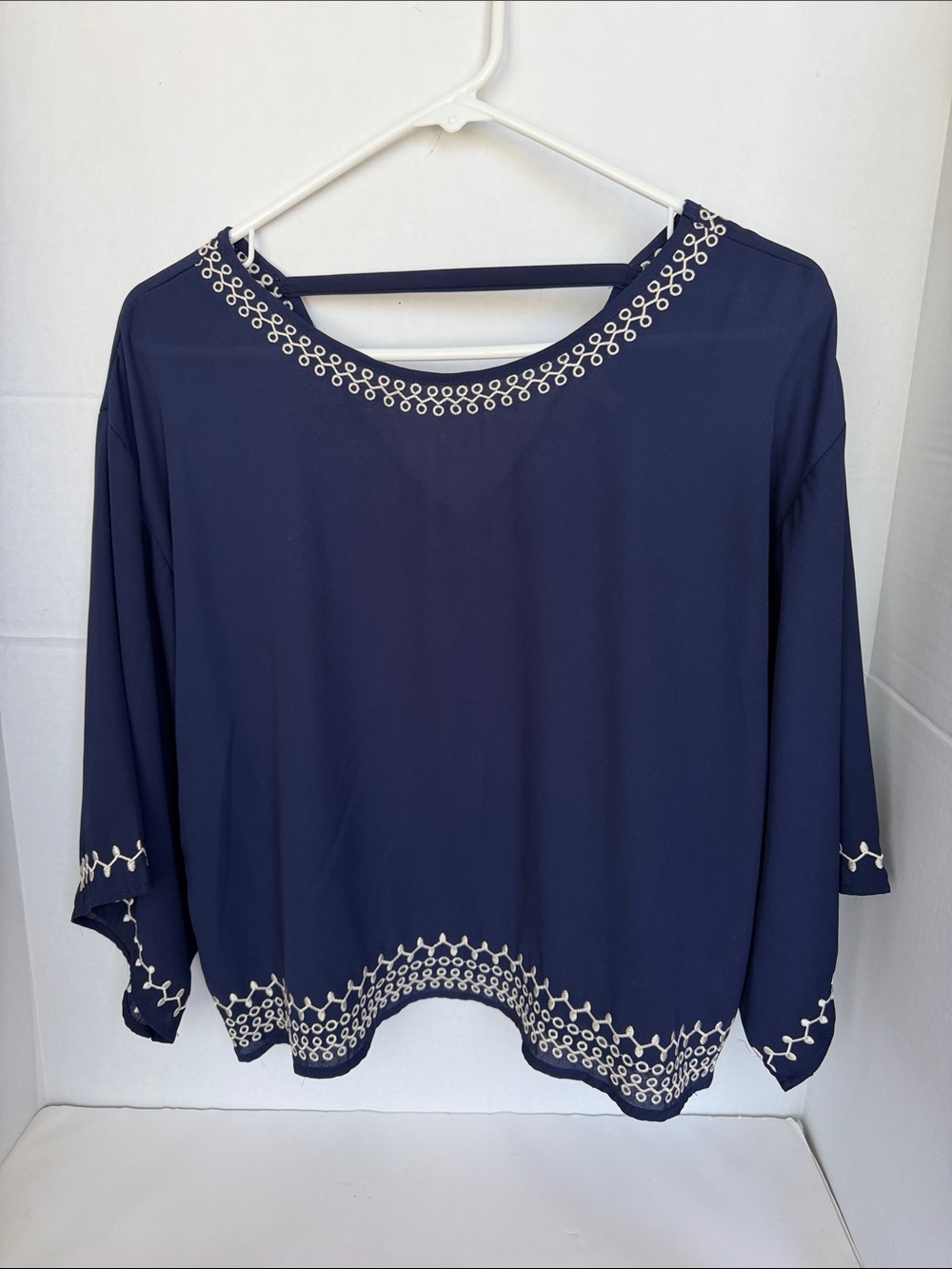 Embroidered Navy Boatneck Tunic Top